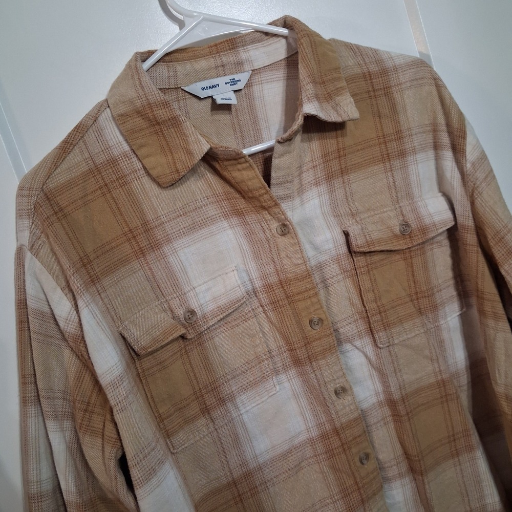 Old Navy Flannel Shirt Women L Tan Plaid Boyfriend Tunic Cotton Casual Classic